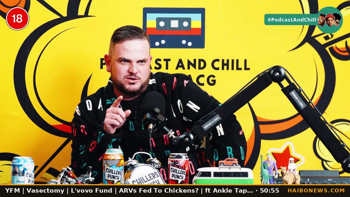 Still from the episode: YFM | Vasectomy | L'vovo Fund | ARVs Fed To Chickens? | ft Ankle Tap & Pele Pele …